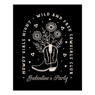 Galentines party girls night cowgirl western black poster