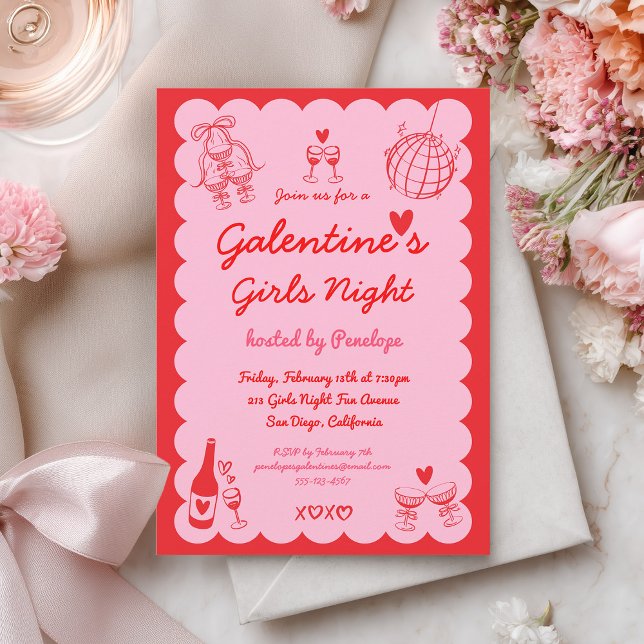 Galentine's Pink Red Hand Drawn Girls Night Party Invitation (Creator Uploaded)