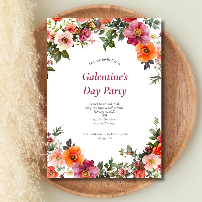 Galentine's Valentine's Pink Red Floral Invitation (Galentine's Day Valentine's Day Pink Red Watercolor Floral Party invitation, Printed or Digitial)