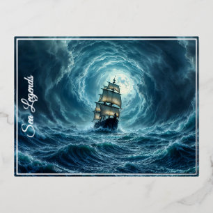 Galeon ship storm moonlit ocean voyage  foil holiday postcard