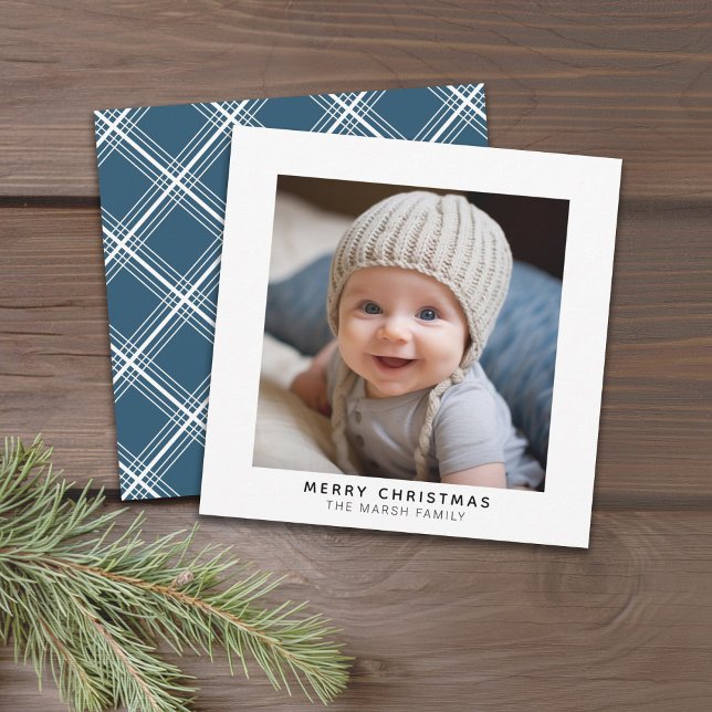 Galerie de photos instantanées - Carte de Noël min (Minimal Gallery Photo Christmas Card - 1 Photo, Blue Accents, Simple)