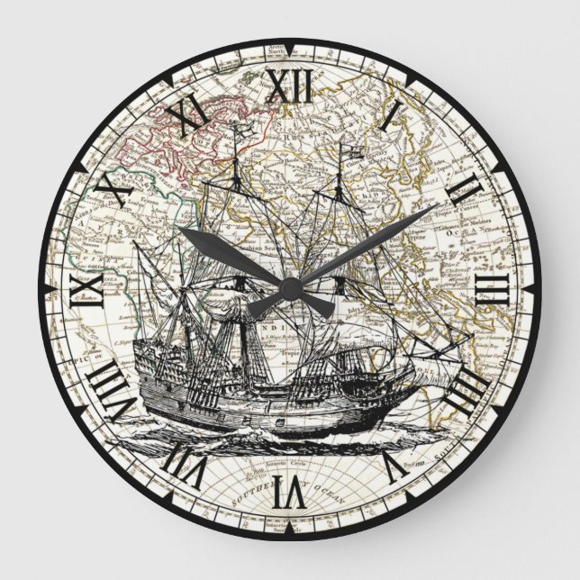 Galleon Sailing Ship~1789 Eastern Hemisphere Map~  Large Clock (Front)