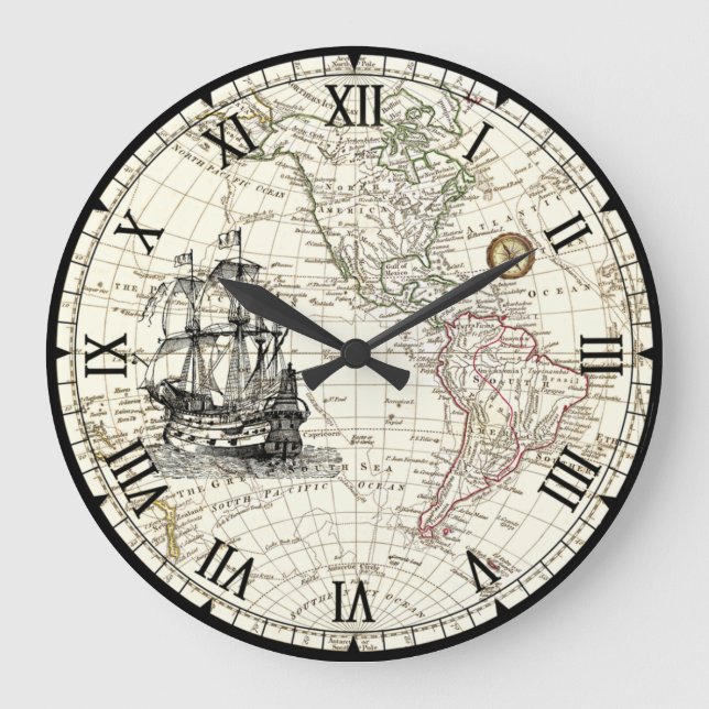 Galleon Sailing Ship ~ 1789 Western Hemisphere Map Large Clock (Front)