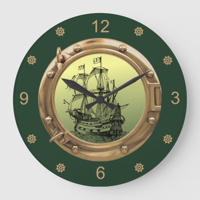 Galleon Sailing Ship ~ Brass Porthole ~   Large Clock (Front)