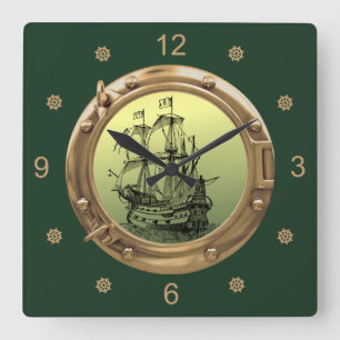 Galleon Sailing Ship ~ Brass Porthole ~  Square Wall Clock