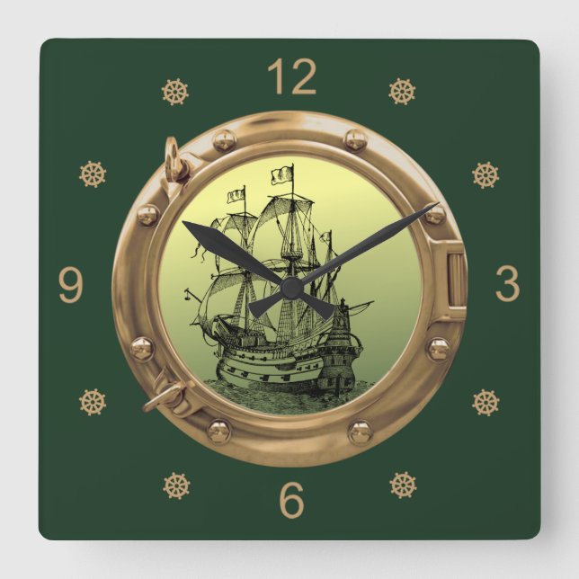 Galleon Sailing Ship ~ Brass Porthole ~  Square Wall Clock (Front)