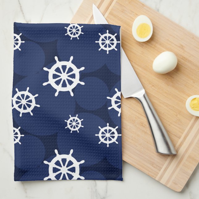 Galley Kitchen Ships Wheels Navy Blue and White Kitchen Towel (Quarter Fold)