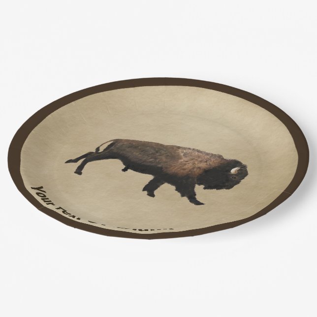 Galloping Bison On Old Paper Paper Plate (Angled)