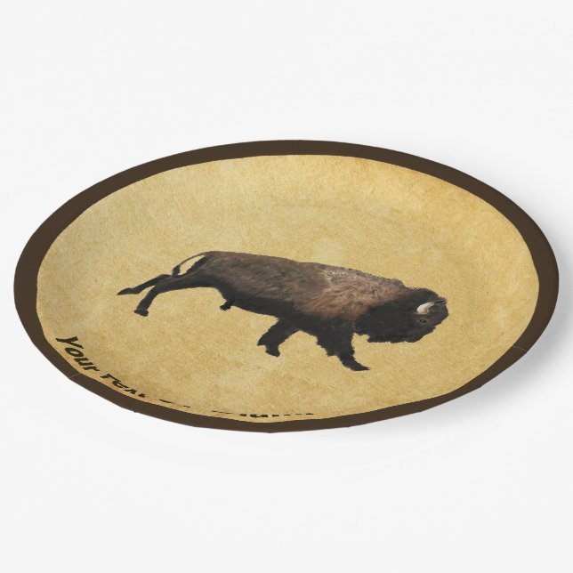 Galloping Bison On Old Paper Plate (Angled)