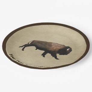 Galloping Bison On Old Paper Plate