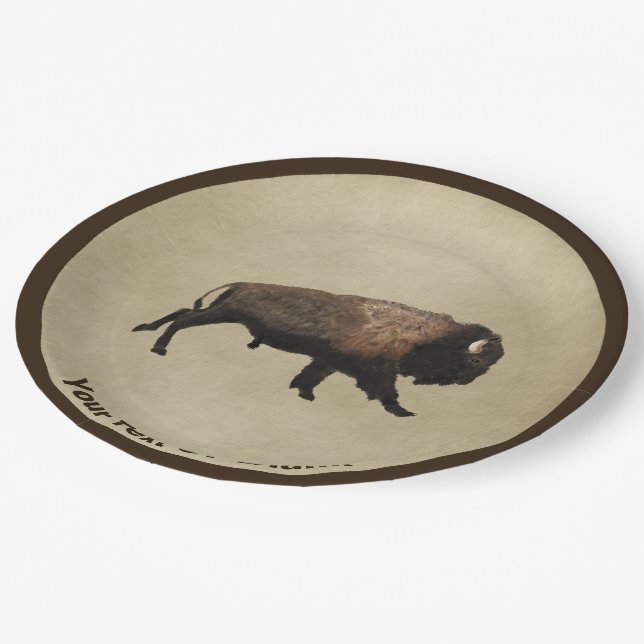 Galloping Bison On Old Paper Plate (Angled)