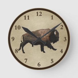 Galloping Bison On Old Paper Round Clock