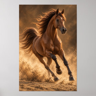 Galloping Chestnut Horse in Golden Dust Equestrian Poster