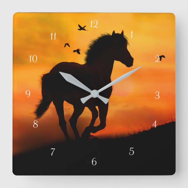 Galloping Horse and Birds in Sunset Square Wall Clock (Front)