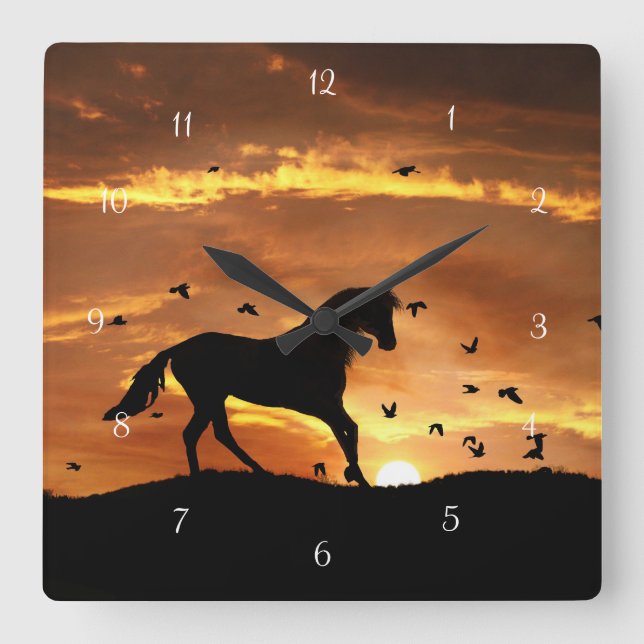 Galloping Horse and Birds Square Wall Clock (Front)
