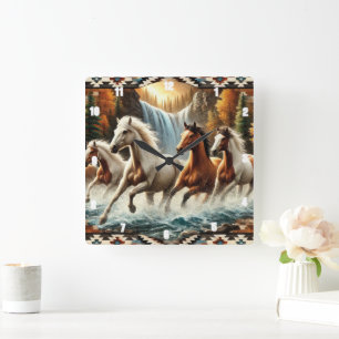 Galloping Horse Cascading Waterfall  Square Wall Clock