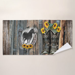 Galloping Horse Cowboy Boots Horseshoe Sunflowers  Bath Towel Set