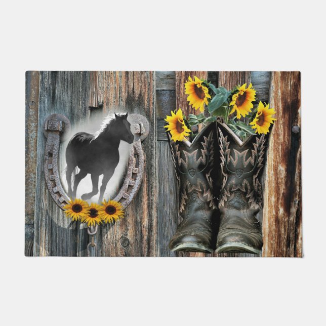 Galloping Horse Cowboy Boots Horseshoe Sunflowers Doormat (Front)