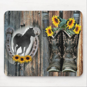Galloping Horse Cowboy Boots Horseshoe Sunflowers Mouse Pad
