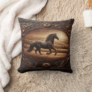 Galloping Horse in Sunset Field Landscape Throw Pillow