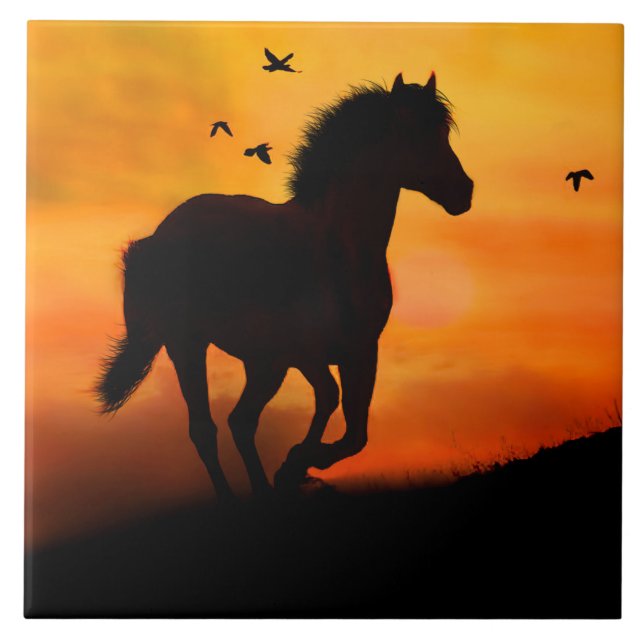Galloping Horse in the Sunset With Birds Nature Tile (Front)