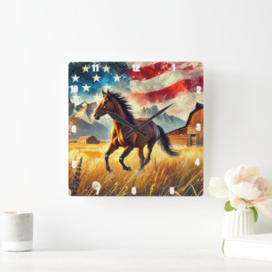 Galloping Horse Patriotic  Square Wall Clock