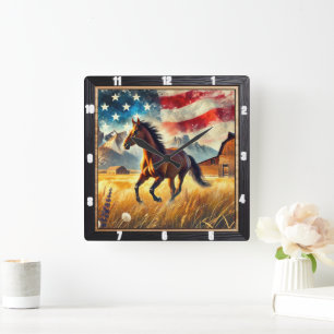 Galloping Horse Patriotic  Square Wall Clock