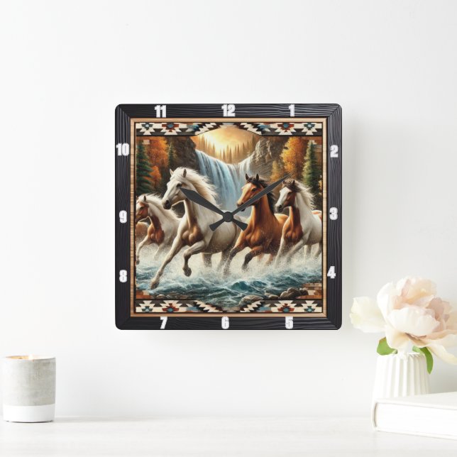 Galloping Horse Waterfall  Square Wall Clock (Home)