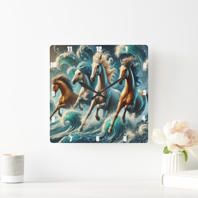 Galloping Horses In The Ocean Art Square Wall Clock (Home)