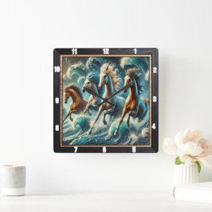 Galloping Horses Ocean Art Square Wall Clock