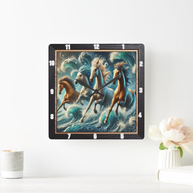 Galloping Horses Ocean Art Square Wall Clock (Home)