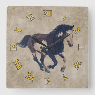 Galloping Pinto American Paint Stallion Horse Square Wall Clock