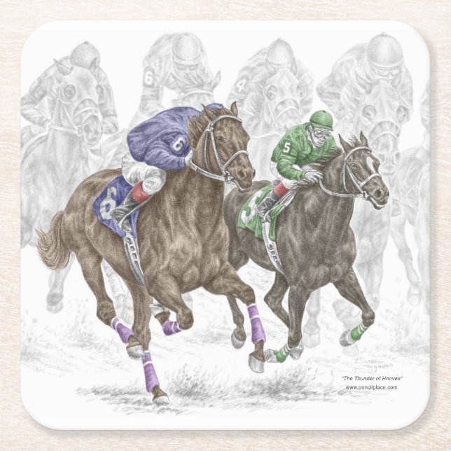 Galloping Race Horses Square Paper Coaster (Front)