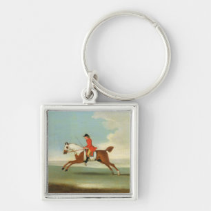 Galloping Racehorse and mounted Jockey in Red (oil Keychain