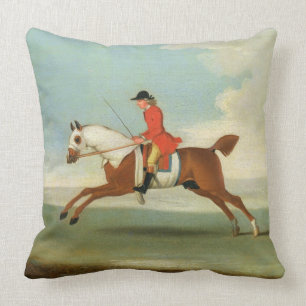 Galloping Racehorse and mounted Jockey in Red (oil Throw Pillow