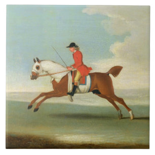 Galloping Racehorse and mounted Jockey in Red (oil Tile