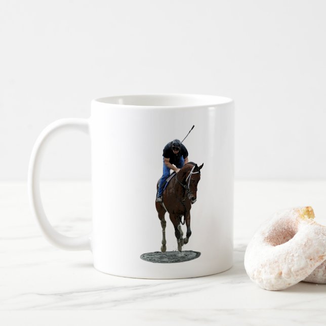 Galloping Thoroughbred Horse And Rider Coffee Mug (With Donut)