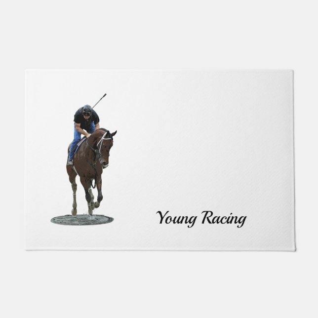 Galloping Thoroughbred Horse And Rider Door Mat (Front)