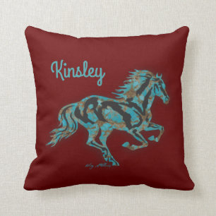 Galloping Turquoise Horse Throw Pillow