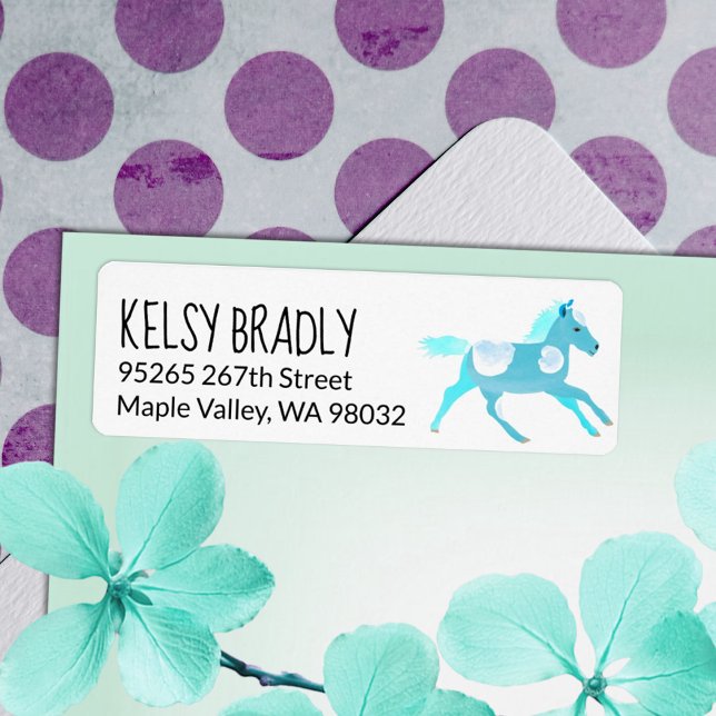 Galloping Turquoise Pony Return Address Label  (turquoise light blue galloping pony address label sticker return address mailing ponies)