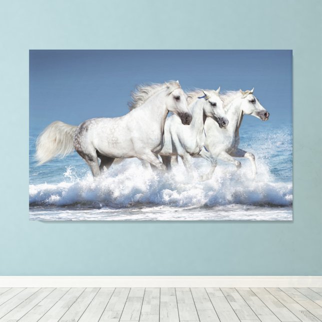 Galloping White Andalusian horses Canvas Print (Insitu(Wood Floor))