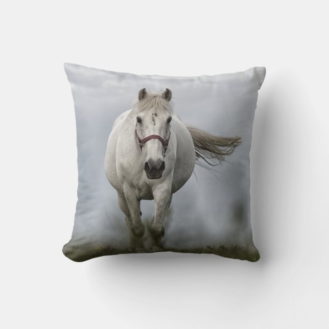 Galloping White Horse Throw Pillow (Front)