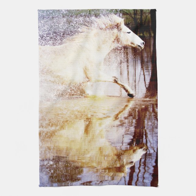 Galloping White Water Horse Kitchen Towel (Vertical)