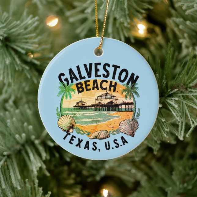 Galveston Beach Retro Vignette Ceramic Ornament (Tree)