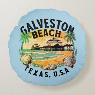 Galveston Beach Retro Vignette Round Pillow
