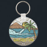 Galveston Beach Texas Vintage  Keychain<br><div class="desc">Galveston Beach hand drawn illustration with mountains and ocean waves in the background. Perfect for anyone who loves to visit Galveston Beach.</div>