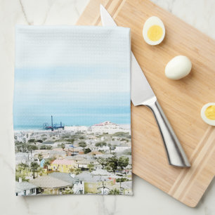 Galveston Coast, beach and city view Kitchen Towel