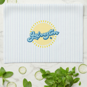 Galveston Island Texas with stripe background Kitchen Towel