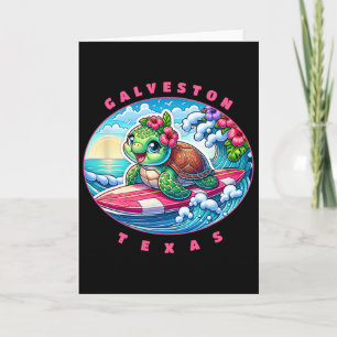 Galveston Texas Girls Cute Surfing Sea Turtle Card