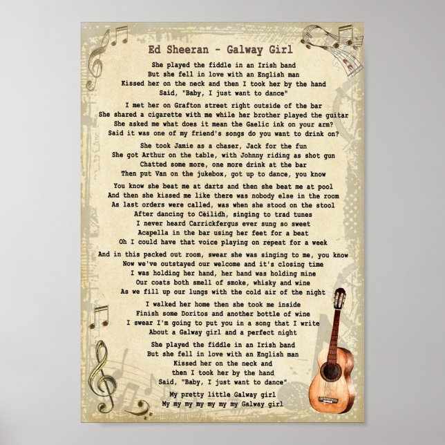 Galway Girl Song Lyric Vintage Wall Art Print (Front)